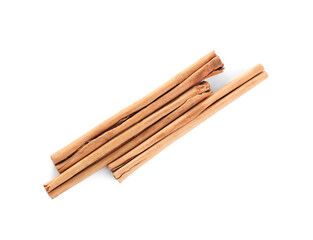 Aromatic cinnamon sticks on white background, top view