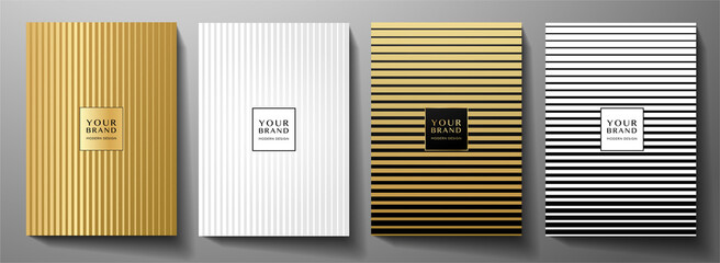Modern cover design set. Creative abstract line pattern in premium colors: black, gold and white. Formal stripe vector layout useful for notebook, business background, poster or brochure template