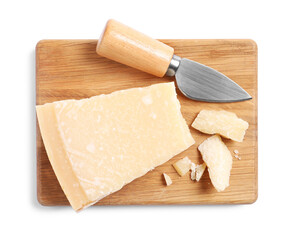Parmesan cheese with knife and wooden board on white background, top view