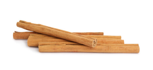 Aromatic dry cinnamon sticks on white background