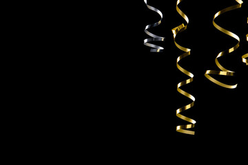 Shiny serpentine streamers on black background. Space for text