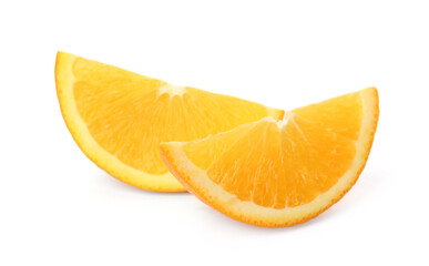 Slices of fresh ripe orange on white background