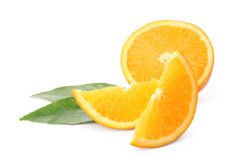 Cut fresh ripe orange with green leaves on white background