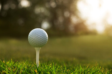 golf ball on tee in a beautiful golf course with morning sunshine