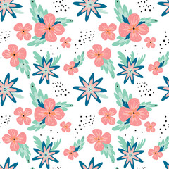 Seamless pattern with simple abstract Pink,blue flowers,green leaves on a white background.