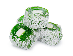 Close up of green Turkish delight sweets isolated on white
