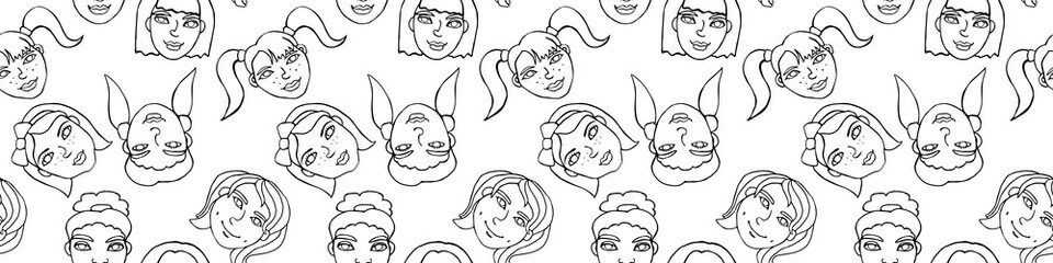 Seamless pattern with cartoon face vector people. Hand drawn line art illustration. Outline doodle head of women, girls. Texture backdrop