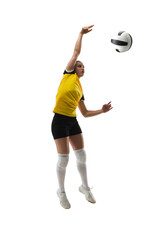 Fototapeta na wymiar In jump. Young female volleyball player isolated on white studio background. Woman in sportswear training and practicing in action, flight. Concept of sport, healthy lifestyle, motion and movement.