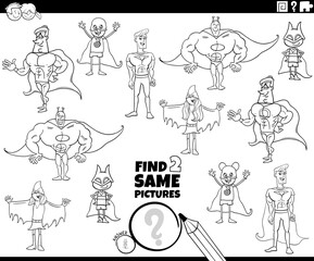 find two same super heroes characters game coloring book page