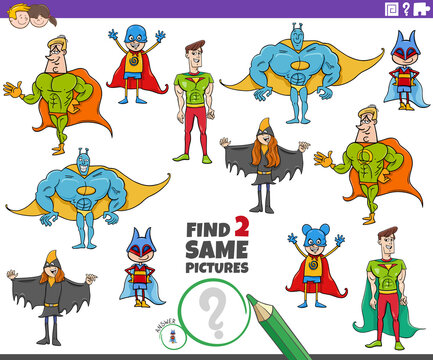 find two same super heroes characters educational game