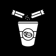 Add sugar to coffee dark mode glyph icon. Coffeeshop drink take out. Sweet latte to go. Cappuccino with sweetener. White silhouette symbol on black space. Vector isolated illustration