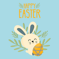 cute beige Easter bunny with an egg surrounded by green leaves. Postcard for Easter