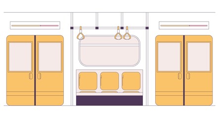 Metro or subway train car interior drawn in yellow flat style. Nobody inside. Isolated on white scene