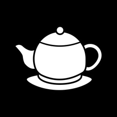 Ceramic teakettle dark mode glyph icon. Kettle for tea ceremony. Kitchen appliance. Porcelain teapot. Pitcher on saucer. White silhouette symbol on black space. Vector isolated illustration