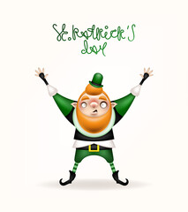 Happy St. Patrick's Day! Postcard, flyer, invitation. The character with a red beard in a green hat in a jump poses on a light background. Cartoon funny leprechaun holding a bottle of elixir. Vector