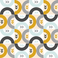 Modern vector abstract seamless geometric pattern with squares, arc and arrows in retro scandinavian style
