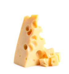 Pieces of cheese with holes on white background