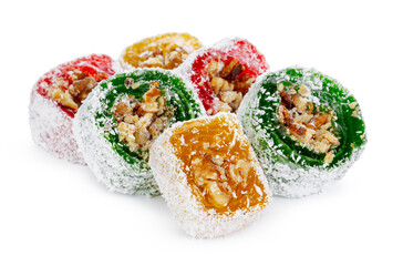 Colorful Turkish delight with nuts in powdered sugar isolated on white