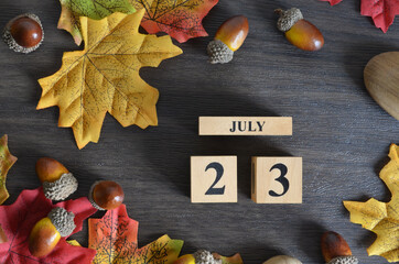 July 23, Cover Date design with Calendar cube decorate with maple leaf and Acorn Oak seed for your...