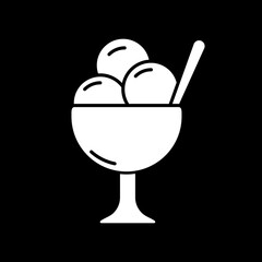 Ice cream in bowl dark mode glyph icon. Sundae treat. Gelato scoops in cup. Sweet summer refreshment. Cafe treat. White silhouette symbol on black space. Vector isolated illustration