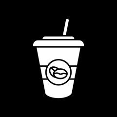 Ice latte dark mode glyph icon. Coffee drink in take out cup. Americano to go in disposable mug with straw. Coffeeshop menu. White silhouette symbol on black space. Vector isolated illustration