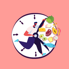 Intermittent fasting concept. Man Run in Clock waiting for time to eat healthy food. Boy trying to lose weight standing by interval nutrition discipline. Biohacking element. Flat vector illustration