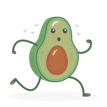 Kawaii green avocado is engaged in sports jogging. Run. Food. Fruit on a white background. Vector illustration. Cute isolated. Icon
