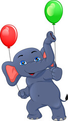 cartoon cute baby elephant holding a balloon on a white background