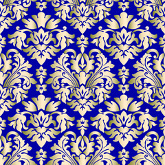 Golden and navy blue ornament seamless pattern. Flower pattern. Baroque wallpaper. Damascus
