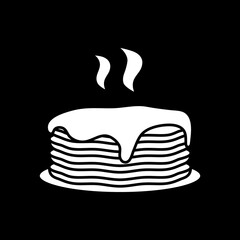 Hot pancakes with syrup dark mode glyph icon. Steaming stack of cakes. Homemade breakfast food. Serving dinner. White silhouette symbol on black space. Vector isolated illustration