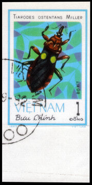Postage stamp issued in the Vietnam with the image of the Assasin Bug, Tiarodes ostentans. From the series on Insects, circa 1982