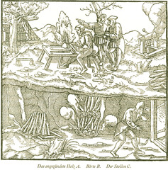 Das Feuersetzen (harte Gesteine werden durch Feuer mürbe (gebräch) gemacht). Georgius Agricola, Berg- und Hüttenwesen, 1556. 