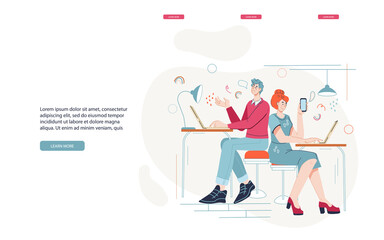 Obraz na płótnie Canvas Website template on topic of coworking center with business people working in the open space office. Shared working environment and teamwork, flat cartoon vector illustration.