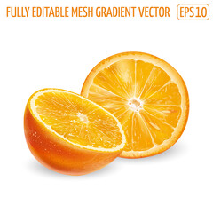 Half and round orange slice on a white background.