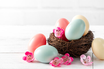 Close up of colorful Easter eggs in the nest with pink plum flower.