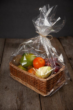 Fruit Basket Individually Wrapped. Delivery Of Products. Food To Order. A Set Of Different Fruits. Vitamin Gift.