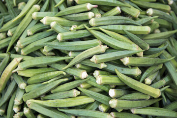 Sanchi / India 17 October 2017 Raw Ladies finger ( okra ) display for sale  at Sanchi vegetable  market Madhya Pradesh India