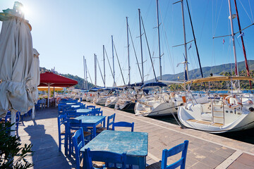 Marina harbour with beautiful white yachts in Poros, Greece.
