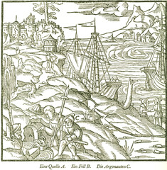 Obraz premium Das Goldwaschen der Argonauten. Georgius Agricola, Berg- und Hüttenwesen, 1556. 