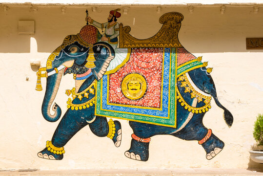  Royal  Elephant traditional Painting on the walls of the City Palace fort at  Udaipur Rajasthan  India