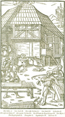 Zinnschachtöfen und Gießen des Ballenzinns. Georgius Agricola, Berg- und Hüttenwesen, 1556. 