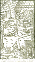 Rennfeuer und Schwanzhammer. Georgius Agricola, Berg- und Hüttenwesen, 1556. 