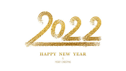 Happy new year 2022 numbers written in a golden brush isolated on a white background.