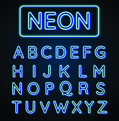 Neon blue font vector illustration. Blue neon light letters. Glowing alphabets.