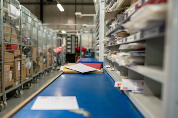 Letters on a sorting frame, table and shelves in a mail delivery sorting centre. Postal service, post office inside - obrazy, fototapety, plakaty
