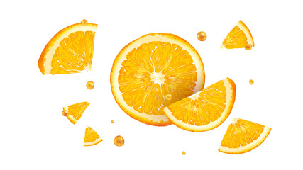 Slices of fresh orange with drops of juice in flight.