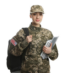 Female soldier with notebooks and backpack on white background. Military education