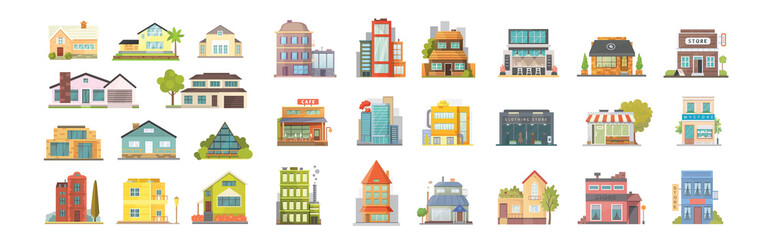 Set of different styles residential and city houses. City architecture retro and modern buildings. House front cartoon illustrations. Store building and Houses exterior collection.