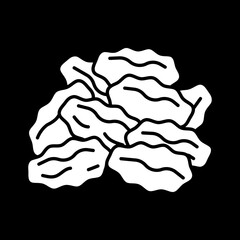 Raisins dark mode glyph icon. Dry grapes. Dehydrated fruits. Vitamins and nutrition. Baking and cooking ingredient. White silhouette symbol on black space. Vector isolated illustration