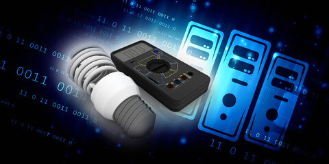 3d illustration Digital electronics multi meter with cfl bulb
